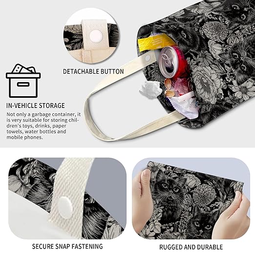 Cute Car Trash Can, Hanging Canvas Car Back Seat Organizer and Storage Bag, Funny Car Trash Bag For Travelling, Outdoor Cute Black Cat Flower