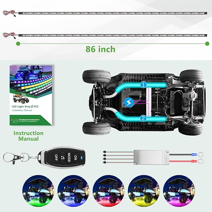 10L0L 2PCS Golf Cart Underbody Light Kit, Underglow LED Light Strip, 22 Modes RGB Music Sync, 12-66V Wide Voltage, IP67 Waterproof for EZGO, Club Car, Yamaha