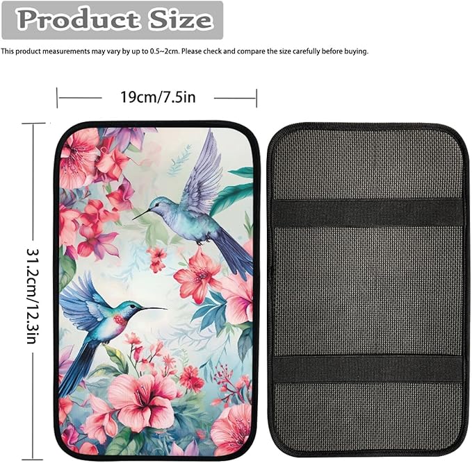 UNICEU Car Decorative Armrest Cover Pad Spring Pink Flower Hummingbird Print Soft Neoprene Car Center Console Armrest Cover Universal