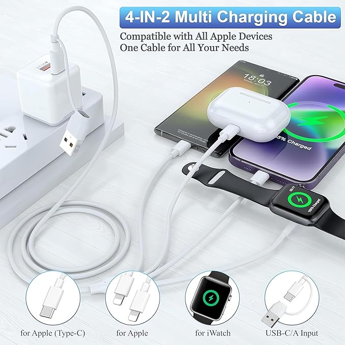 TOP-UP Apple Watch Charger USB C with 30W PD Fast Wall Plug – 4 in 2 Magnetic Charging Cable for iWatch Series 11–1/SE/Ultra, iPhone 17/16/15/14, iPad, Multi Charging Cord for Travel 6FT