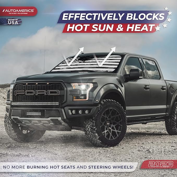 Autoamerics 1-Piece Windshield Sun Shade Gray Camo American Flag USA Design - Foldable Car Front Window Sunshade for Most Sedans SUV Truck - Blocks Max UV Rays and Keeps Your Vehicle Cool - Small