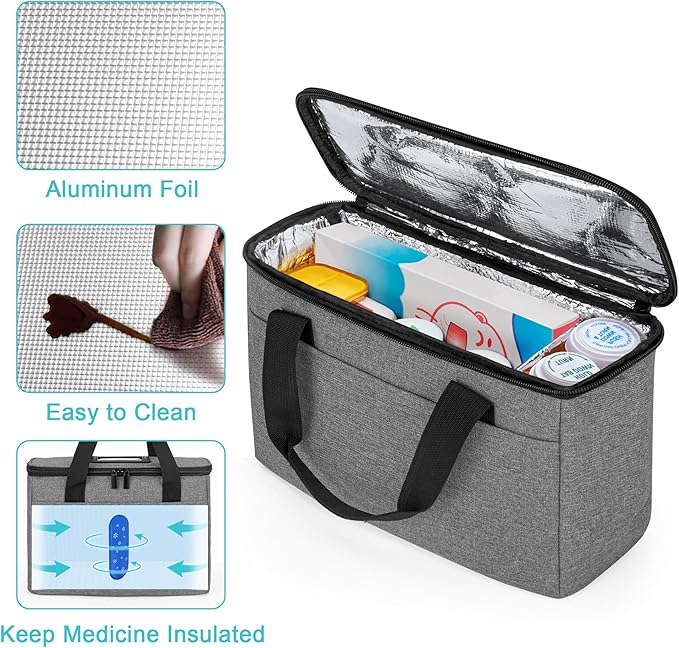 Trunab First Aid Bag Empty Small Medicine Storage Case, Insulated Medication Cooler Bag, Travel Pill Bottle Organizer for Prescription, Insulin, Supplements or Medical Supplies, Grey(Bag Only)