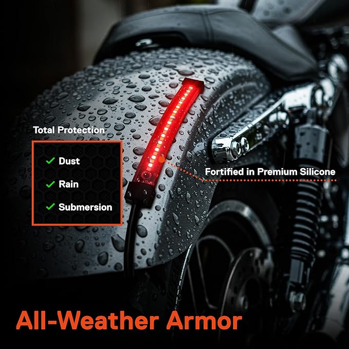 TRUE MODS 2pc 5" Rear LED Motorcycle Red Running Brake & Amber Turn Signal Tail Light Strip Kit for License Plate [Waterproof] Universal Self Adhesive Surface Mount Flexible Rear Lamp for Bike ATV UTV