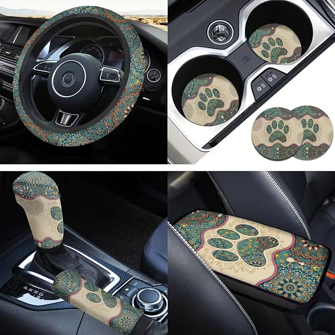 Dog Claw Car Steering Wheel Covers Set Bohemian Print Car Interior Accessories Cup Holder,Handbrake Gear Cover for Vans Truck SUV