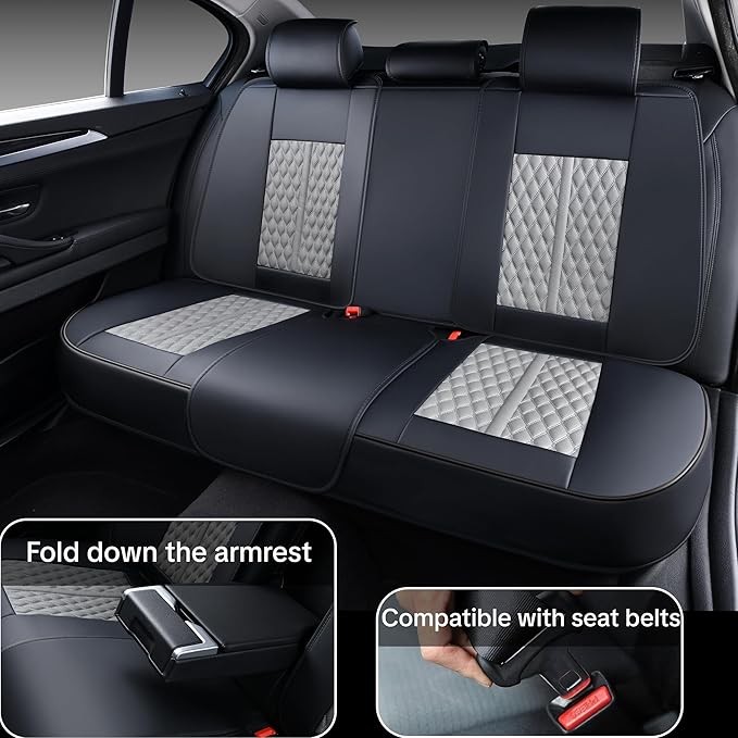 Car Seat Cover Set, Black and Gray, Automotive Interior Accessories, with Lumbar Support, Premium Nappa Leather, Waterproof, Protects and Upgrades Your Car Interior, Fits Most Vehicles