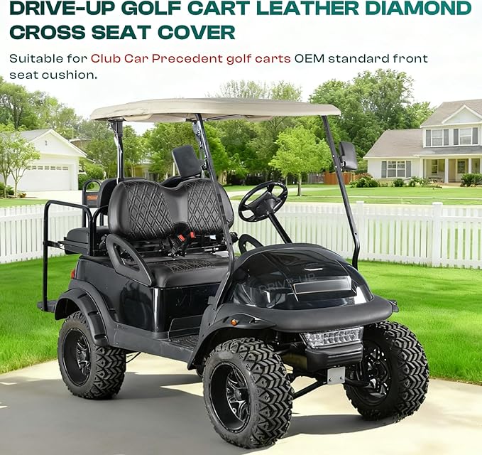 DRIVE UP Golf Cart Diamond Seat Covers Fit for Club Car Precedent, Black Diamond Cross Leather Club Car Seat Covers with Diamond Cross Pattern, Black with Brown Stitching, Wear-Resistant, Waterproof