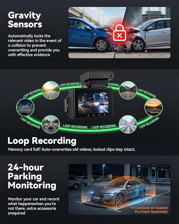 4K Dash Cam Front and Rear Dash Camera for Cars with WiFi GPS App Control ADAS Dashcam,3 inch IPS Screen Dash Cam with G-Sensor,Loop Recording,Night Vision Dashboard Camera