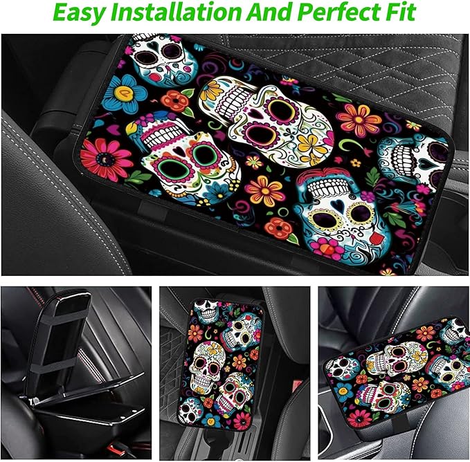 Car Armrest Cover Pads Universal Fashion Cute Auto Center Console Armrest Cover Pad with 2PCS Car Coasters Soft Waterproof Car Armrest Seat Protector for Women Girls, Colorful Skulls