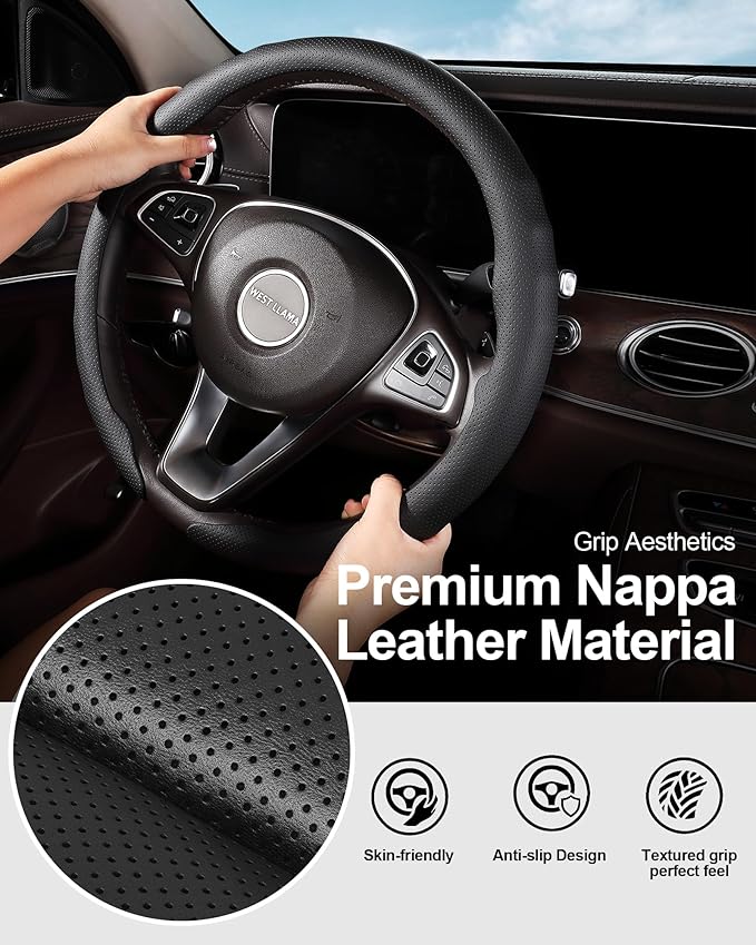 West Llama Nappa Leather Steering Wheel Cover for Car,Thin Steering Wheel Wrap Universal 14.5-15 Inch,Fit Cars,SUVs,Trucks(Black-O-Shaped)