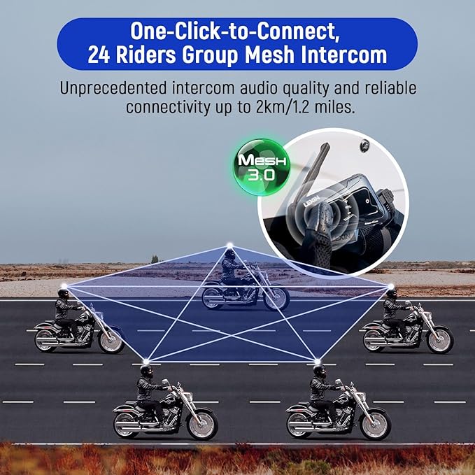 LEXIN MeshCom Motorcycle Helmet Bluetooth Headset, 24 Riders Mesh Communication System, Dual Chips with Audio Multitasking/Music Sharing/1100mAh Battery/FM Radio/Noise Reduction/Waterproof, Dual Pack