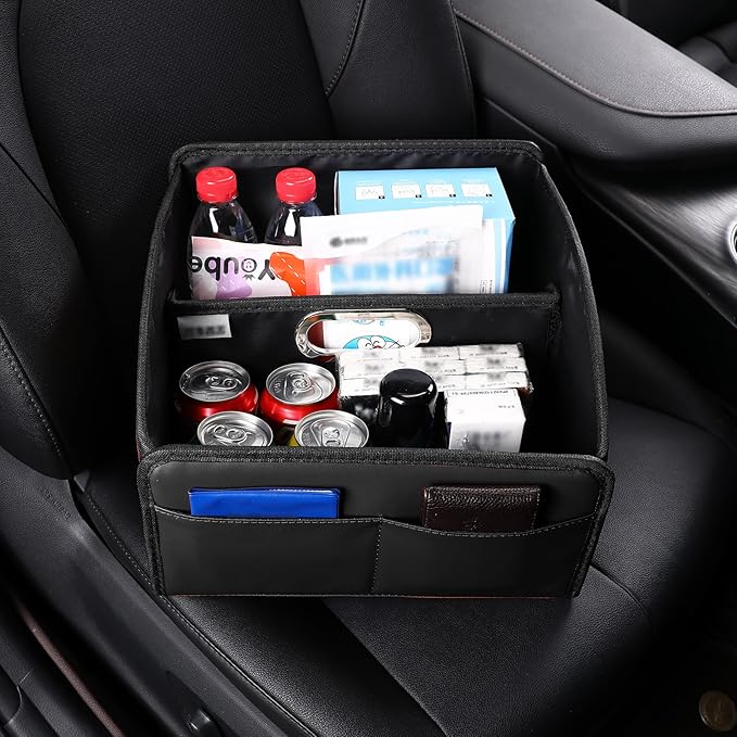 Car Storage Organizer [2025 UPDATED] Leather Car Caddy Basket for Front Seat Floor Back Seats Metal Handle 6 Compartments Adjustable Strap Buckles Slip-Resistant (Black)