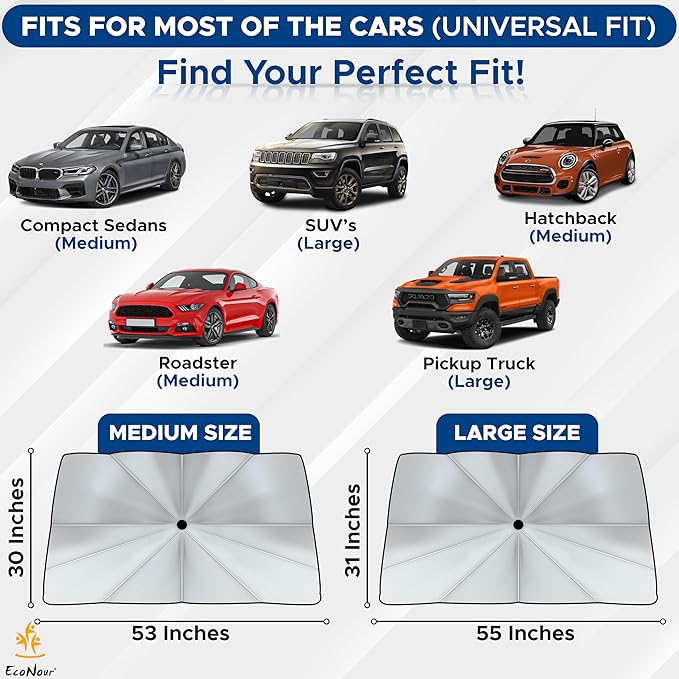 EcoNour Car Windshield Sun Shade | Foldable Car Umbrella Sun Shade | Windshield Cover Sunshade Blocks UV Rays | Sun Visor Protector | Automotive Interior Sun Protection Accessories (Medium 53" x 30")