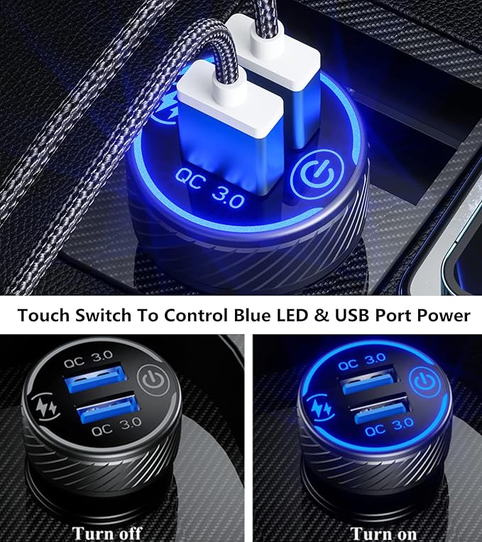 BRCOVAN Car Charger, Dual QC3.0 Port USB Car Phone Charger Adapter, 36W 3A Fast Charge with Touch Switch & Blue LED