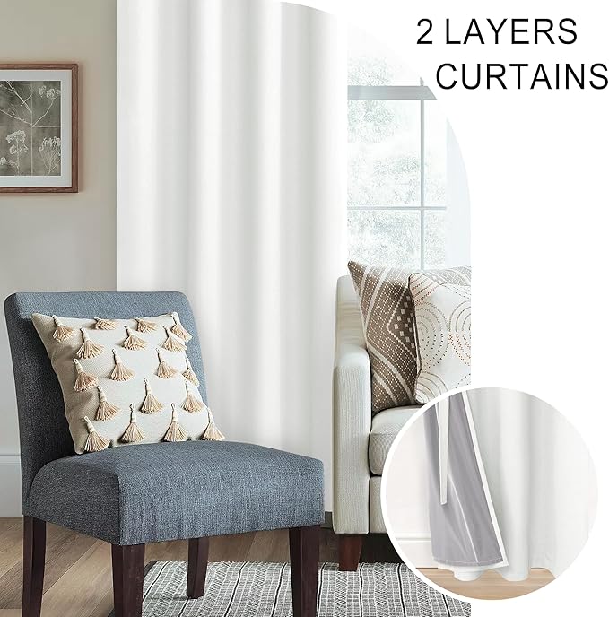 XWZO Total Blackout Curtains 95 Inches Long- Double Layer Full Room Darkening & Energy Efficiency Grommet for Extra Wide Windows Sewn with Tiebacks, Ivory, W52 x L95, Set of 2