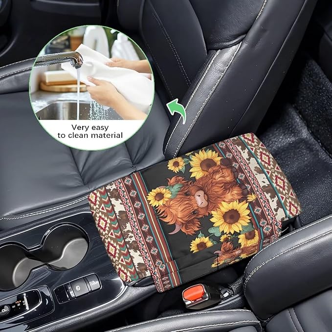 Wanyint Aztec Highland Cow Sunflower Center Console Cover Non-Slip Armrest Box Pad with 4 Storage Bags Comfortable Arm Rest Pad Middle Console Cushion Protector Auto Interior Accessories