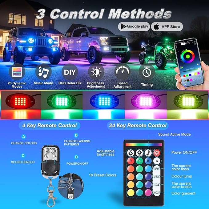 10Pods RGB LED Rock Lights for Jeep Trucks Golf Cart ATV UTV RZR SUV Offroad,Multicolor Underglow Light Kit with APP/RF Remote Dual Zone Neon Vehicle Accent Underbody Light 12V Waterproof
