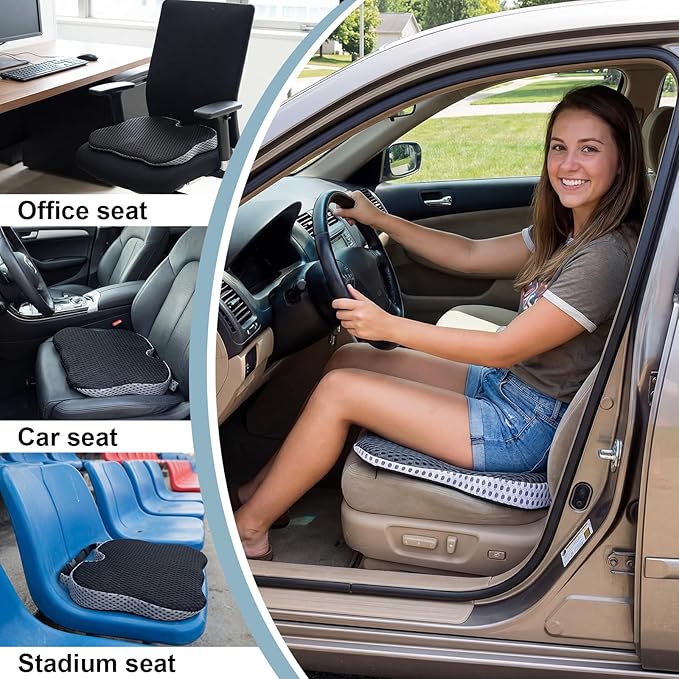 2 Pack Wedge Car Seat Cushion, Memory Foam Seat Cushion with Adjustable Strap for Car and Truck, Sciatica and Back Pain Relief, Comfort for Anti Slip and Breathable, Office, Long Drive