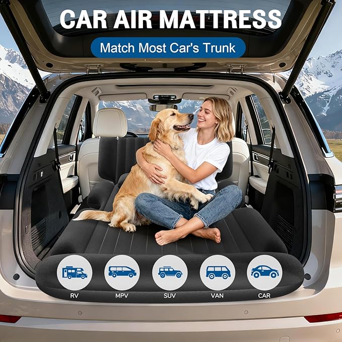 SUV Air Mattress - Thickened Car Air Mattress with Electric Pump, Portable Inflatable Car Bed with 2 Pillows, Camping Mattress Back Seat for SUV Trunk, Travel, Home (Black)