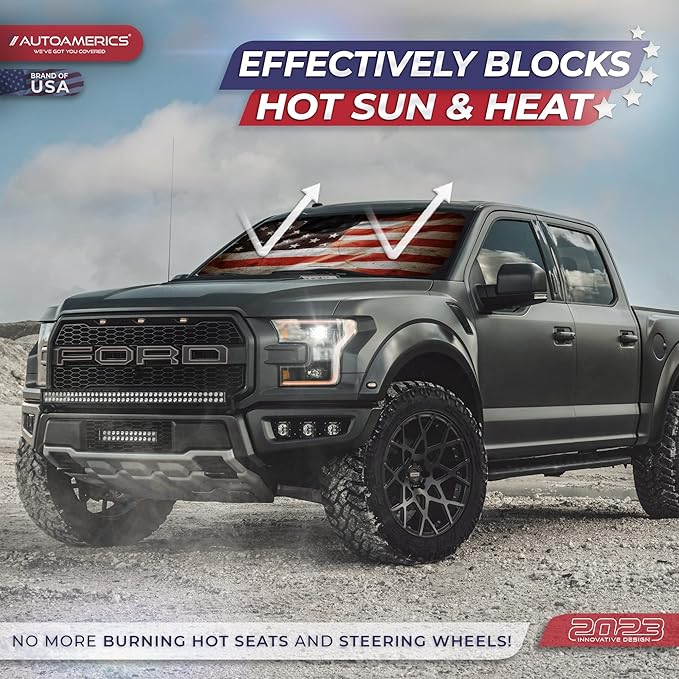 Autoamerics 1-Piece Windshield Sun Shade Grunge American Flag - 1 USA Design - Foldable Car Front Window Sunshade for Most Sedans SUV Truck - Blocks Max UV Rays and Keeps Your Vehicle Cool - Medium