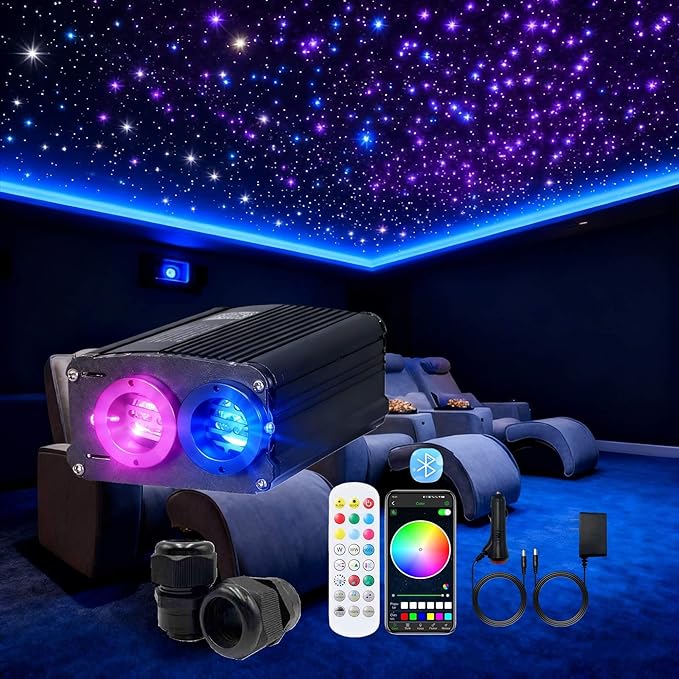 Twinkle Fiber Optic Lights Engine Dual Port Dual Color,Bluetooth APP/Music Sync/Remote Control RGBW Fiber Optic Driver for All Kinds of Fiber Optic Cable/Star Ceiling(OnlyLED Light Source)