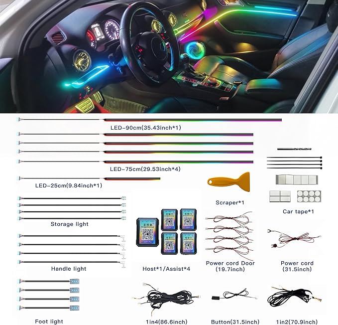 Acrylic Interior Car LED Strip Lights, Dreamcolor 18-in-1 Car Ambient Lighting Kit, with APP Control, 622 LED Fiber Optic Strip Lights for Cars, Supports Neon Sync with Music DIY Mode.