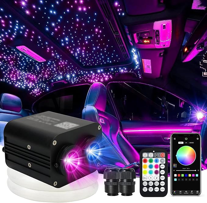 AMKI Dual Color 20W Twinkle Starlight Headliner Kit 1200pcs*0.03in*9.8ft Cables Fiber Optic Light Cable Sound Activated Music Mode APP/Remote Control Dual Port Light Box for Car Home Roof Decor