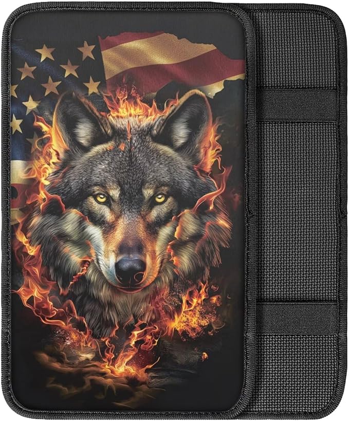 American Flag Car Center Console Cover Wolf Car Armrest Cover Soft Comfortable Armrest Cover for Car Center Console Universal Fit Most Car,SUV,Trucks Car Deco Accessories