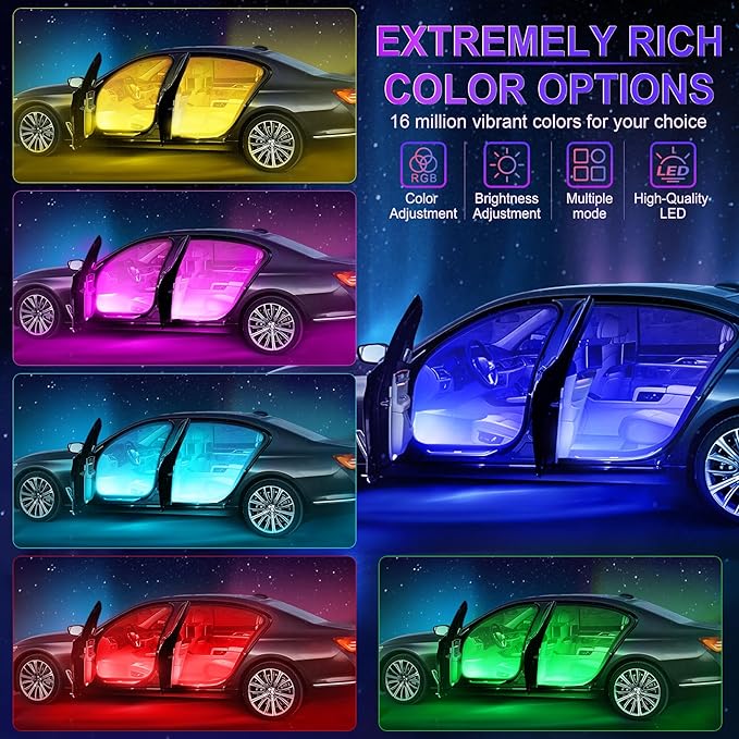 LivTee Smart Car Interior Lights, RGB LED Accent Lights with App Control, Music Mode, DIY Mode, 2-Line Design, Charger Included, Car Accessories for Women