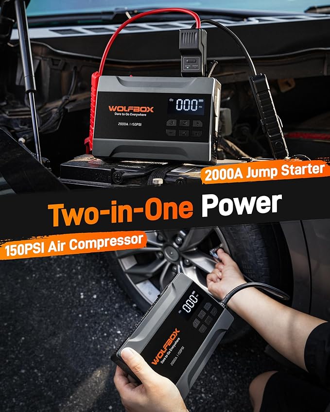 WOLFBOX 2000A Jump Starter with Air Compressor, 37Wh Car Battery Jumper Starter Portable (up to 5L Gas Engine) with 150PSI Tire Inflator, 12V Jump Box with Jumper Cables, Boost, LED Light