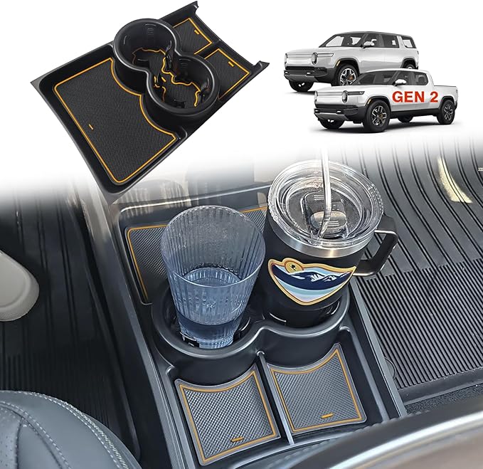 BestEvMod Gen 2 Lower Center Console Organizer Tray Compatible with Rivian R1T R1S 2026 2025 Gen 2 Fit 32oz Bottle Interior Accessories ABS Material with PVC Trim Floor Console Storage (Yellow)