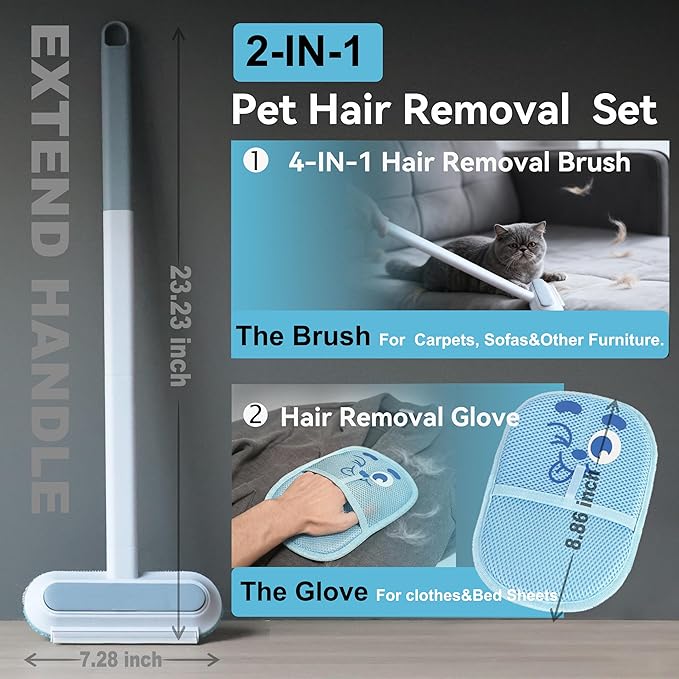 Pet Hair Remover Set – Removes Pet hair from Carpets, Furniture & Car Seats For Cat & Dog, includes 4-in-1 Magic Brush (Extended Handle) & a Electrostatic cat Hair Remover Glove.