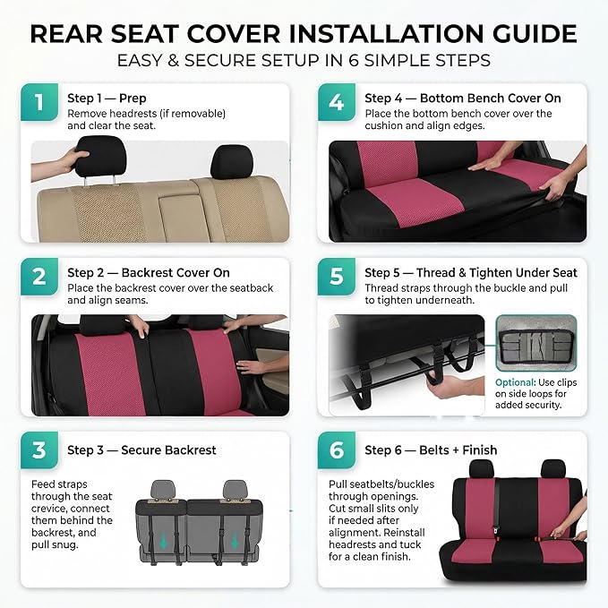 FH Group Automotive Rear Car Seat Covers for SUV, Trucks, Sedan and More - Universal Fit Rear Solid Bench Design Interior Accessories - 3D Mesh Fabric Center Panel - Burgundy