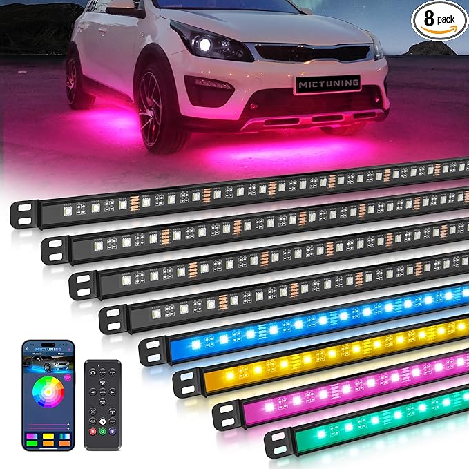 MICTUNING N8 RGBW Underglow Light Bars for SUVs, App/Remote Control, Aluminum Housing Waterproof, Exterior Neon Accent Underbody LED Light Strips, w/ 2pcs 9.8ft Extension Cords, 8PCS