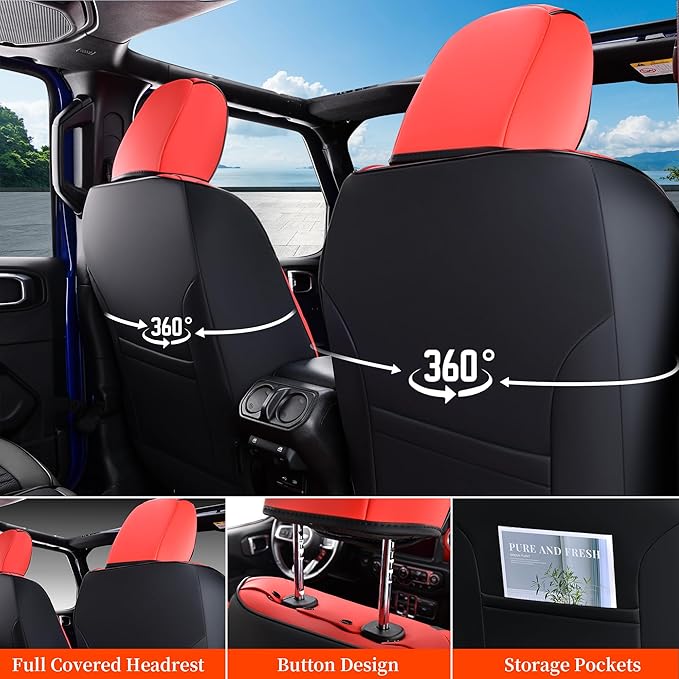 Coverado JK Front Seat Covers for Jeep Wrangler, Custom Fits Jeep Wrangler 2/4 Door 2013-2017 Unlimited Rubicon Sahara Willys Sport High Altitude Pickup Truck Waterproof Leather Car Seat Covers(Red)