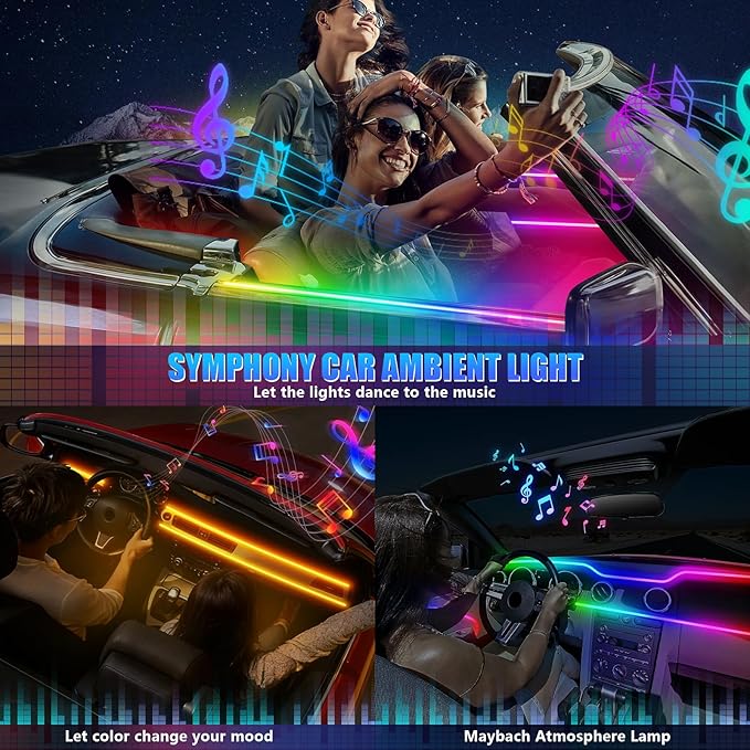 Acrylic Interior Car LED Strip Light with Wireless APP, RGB Dreamcolor 10 in 1 with 175 inches 600 LEDs Fiber Optic Strip Lights for Car, Dynamic Chasing Sound Active Neon Car Ambient Lighting Kits