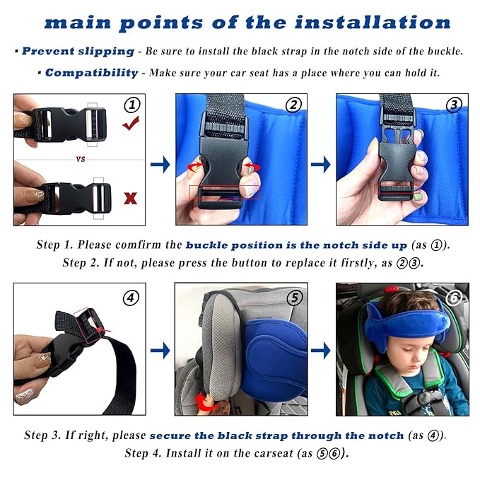 Adjustable Child Car Seat Head Support Band, Adjustable Head and Neck Support Band - A Comfortable Safe Sleep Solution, Blue Head Support Belt