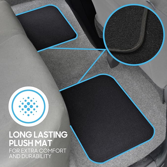 BDK Premium 4PC Set of Carpet Car Floor Mats with Vinyl Safety Heel Pad for Car, Truck, SUV, Coupe Sedan, Black (MT-100-BK)