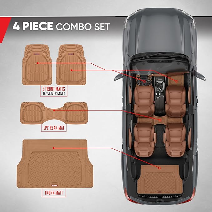 Motor Trend FlexTough 4-Piece Heavy Duty Floor Mats for Cars Trucks SUVs, Automotive Floor Mats Car Mats Full Set Front, Rear & Cargo, Trim-To-Fit Semi-Custom Deep Dish All Weather Rubber Mats - Beige