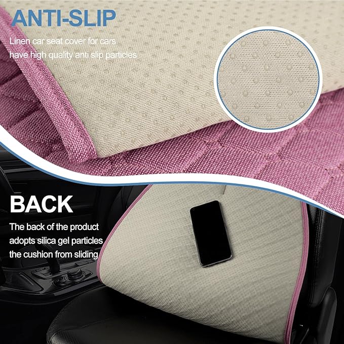 Linen Car Seat Covers for Cars, Front Car Seat Cover Protectors with Storage Bags, Anti-Slip & Soft Automotive Seat Cushion Universal Fit for Most Sedan, SUVs, Vehicles (Pink)