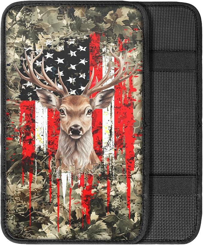 Hunting Deer Flag Print Car Center Console Cover,Universal Armrest Cover Pads for Most Vehicles,SUV