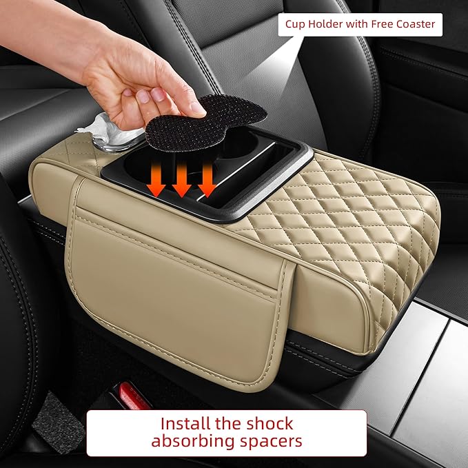 5 in 1 Car Center Console Cover, Armrest Pad with 2 Storage Pockets, Cup Holder, Tissue Box Slot, Phone Holder, Universal Car Interior Organizer (Beige)