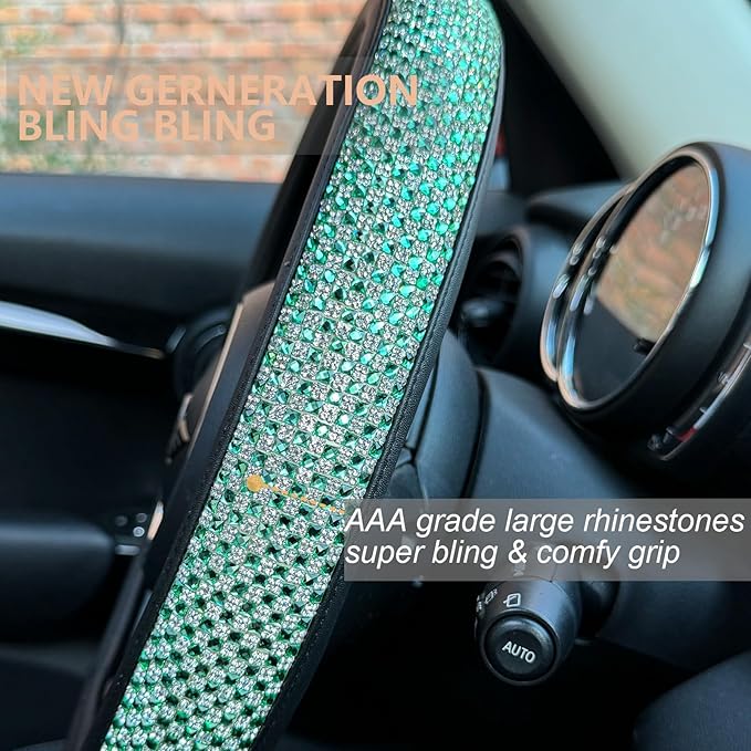 PINCTROT Large Size Bling Comfy Steering Wheel Cover with Jumbo Crystal Rhinestones, Anti-Slip Diamond Leather, 15.5-15.75 Inch (Light Green)