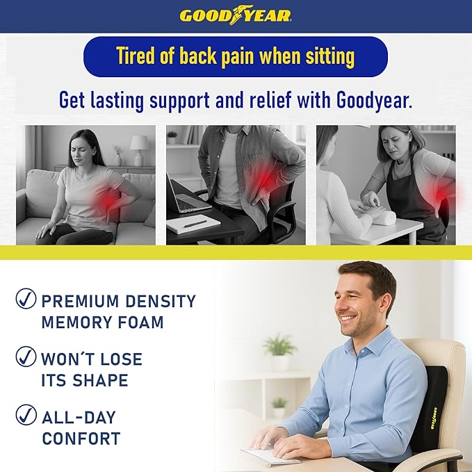 Goodyear Lumbar Support Pillow for Office Chair and Car Seat - Memory Foam Lumbar Pillow & Back Brace Support Posture Corrector, Lower Back Pain Relief