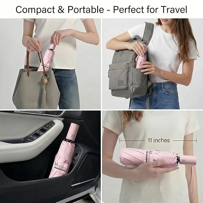 BAODINI Small UV Protection Travel Umbrella Compact for Rain and Sun UPF 50+ Windproof Portable 42 inch Umbrella for Women and Men