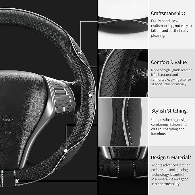 Leather Car Steering Wheel Cover,Anti-Slip, Safety,Soft, Breathable, Heavy Duty,Thick,Full Surround, Sports Style,Universal Car Accessories for Women Men Fit 14" 1/2-15"(Black with Gray line)