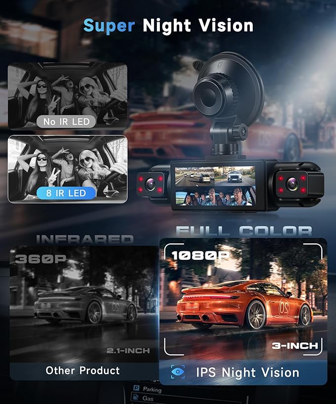 4 Channel 360° Dash Cam Front and Rear Inside Left Right, 3.16 Inch FHD 1080P IPS Dashcam Supports Night Vision, Loop Recording, 24/7 Recording Parking Mode Monitor, Reverse View