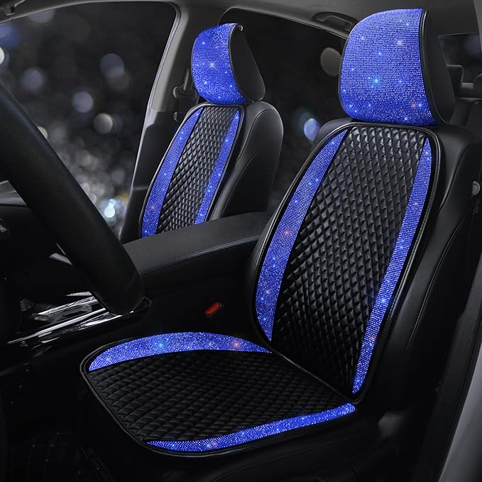 Luxury Faux Leather Car Seat Covers with Shining Rhinestone,Crystal Diamonds Auto Front Seat Cushion Covers Bling Bling Auto Interior Accessories for Women or Ladies Universal Fit Blue 2Seats