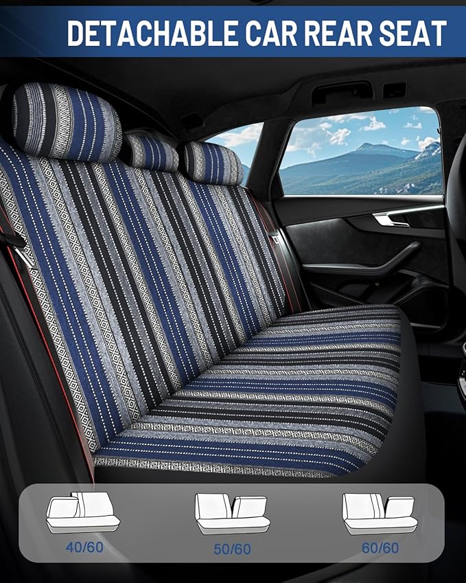 Baja Saddle Blanket Car Seat Covers Front Set with Seat Belt Pads, Washable Breathable Striped Woven Cloth Seat Covers for Cars, SUV, Truck, Airbag Compatible(Blue)