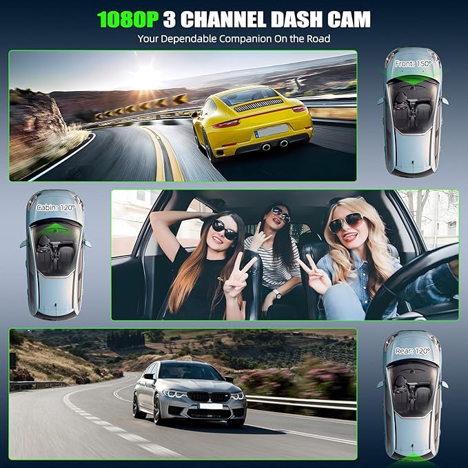 3 Channel Dash Cam Front and Rear Inside, 2.9'' 1080P Dash Camera for Cars,Three Way Triple Car Camera with App Control Super Night Vision,Wide Angle,Loop Recording,G-Sensor,24 Parking Monitor