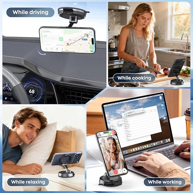 Strong Magnetic Phone Holder for Car & Desk, Compatible with MagSafe, Secure Lock, Universal 360° Rota-Table Car Phone Mount for Dashboard, Glass, Table, Carbon Fiber